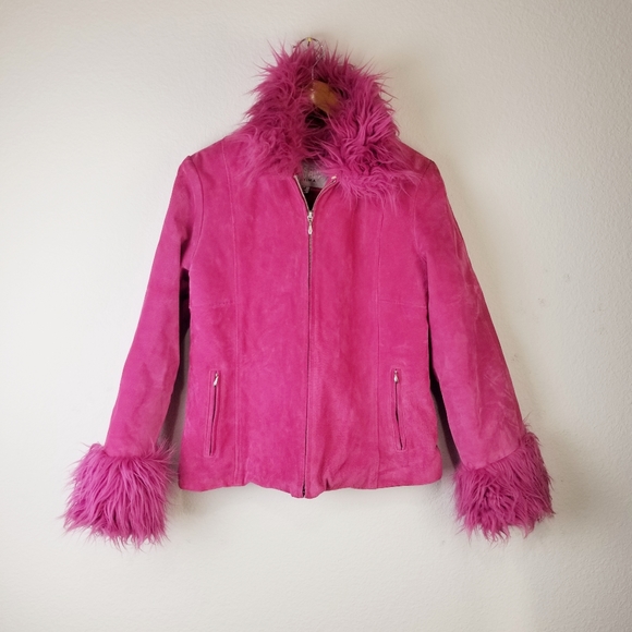 pink fur leather jacket